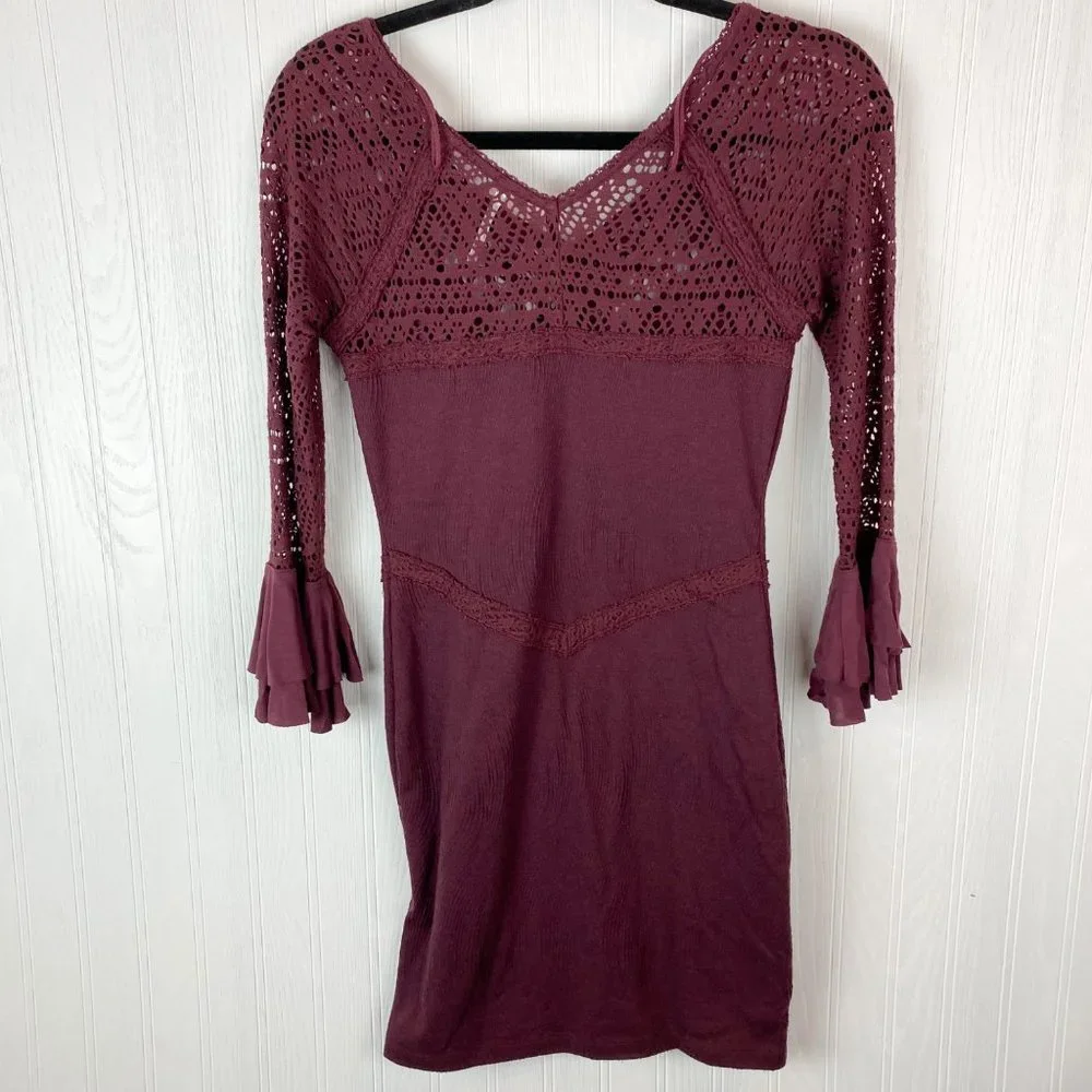 Free People City Girl‎ Bodycon Dress Maroon crochet & lace detail size XS